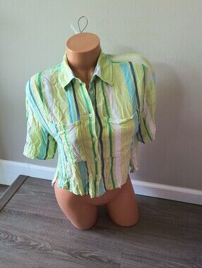 Ana A New Approach Women's Striped Blouse Crop Oversized Short Sleeve Size XS
